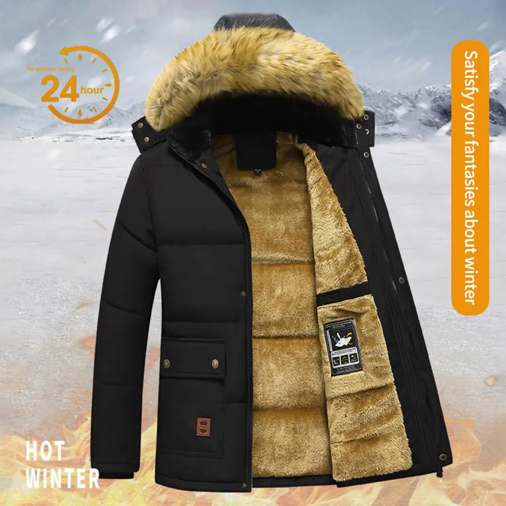Men Winter Coat Hooded Plush Solid Color Thicken Furry Cold-proof Pockets Plus Size Winter Cotton Coat Male Clothes