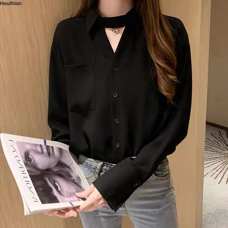 

Houthion Chiffon Solid Women's Blouses Summer Fashion Casual New Korean Long Sleeve Top Retro Blouse Breasted Woman Shirt