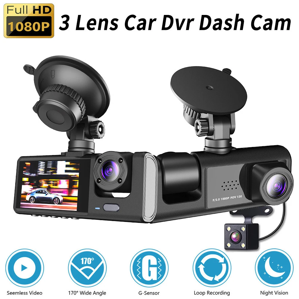 

3 Camera Lens Car DVR 3-Channel Dash Cam HD 1080P Dash Camera Dual Lens Dashcam Video Recorder Black Box 24H Parking Monitoring