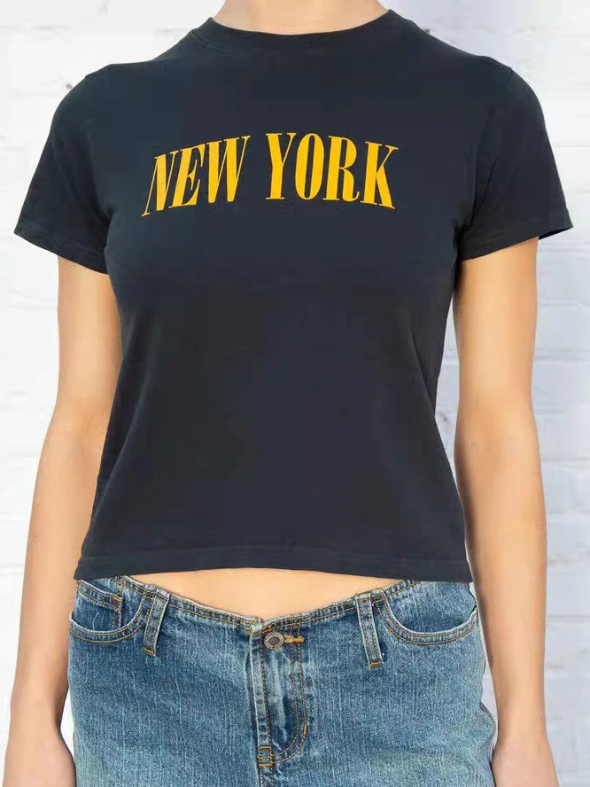 

City Letter Print Black Slim T-Shirt Summer Short Sleeve Soft Cotton Vintage Y2k Tee Woman Clothes Streetwear Retro Casual Tops