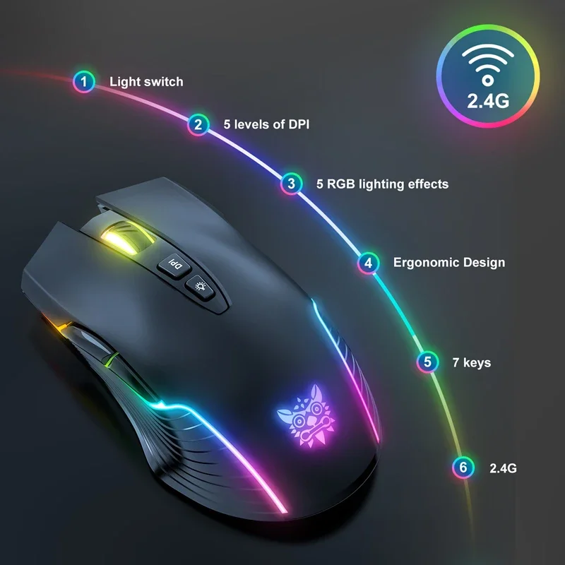 Фото Игровая мышь Onikuma CW905, беспроводная, 2.4G, с RGB-подсветкой, механическая, с регулируемым DPI №4