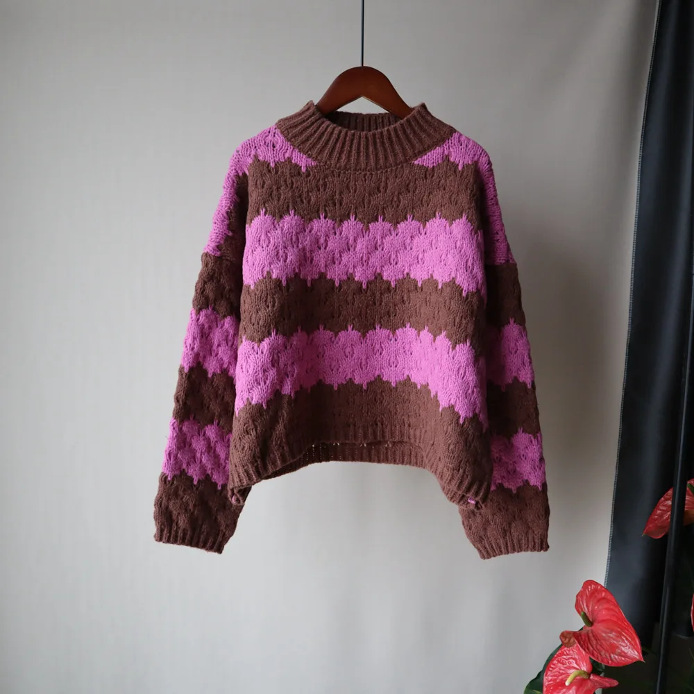 

DAYIFUN Autumn Winter Knitted Striped Sweater Women Casual Loose O-Neck Pullover Warm Retro Jumper Contrast Color Chic Clothing