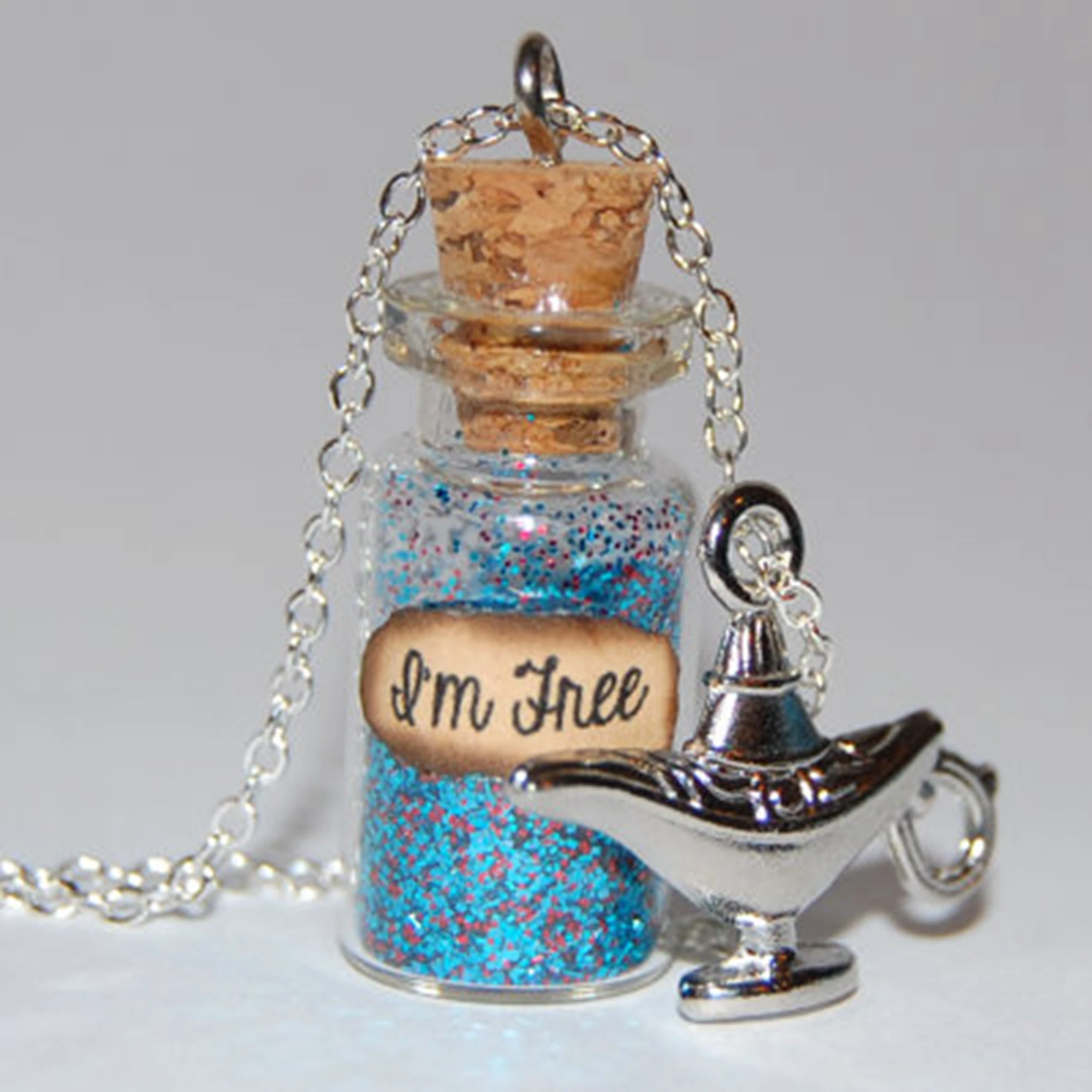 12pcs/Lot Aladdin Handmade Glass Bottle Necklace The Genie I'm Free Message Silver