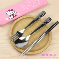 sanrio hellokitty leather zipper bag children chopsticks fork spoon 304 stainless steel three piece wholesale sanitary tableware