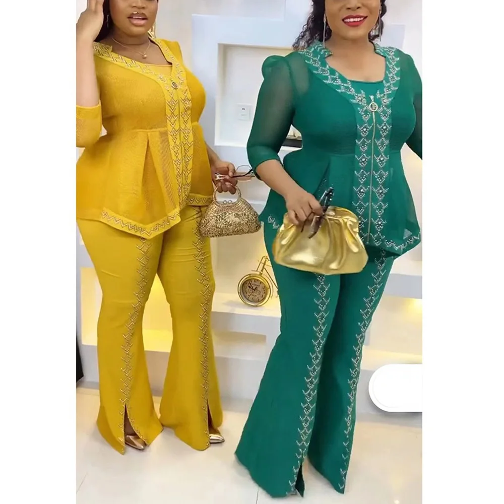 

Elegant Office Ladies 2 Pieces Pants Sets Diamond Blouse & Long Trousers Fashion Formal Business Work Wear Clothes Pant Sets New