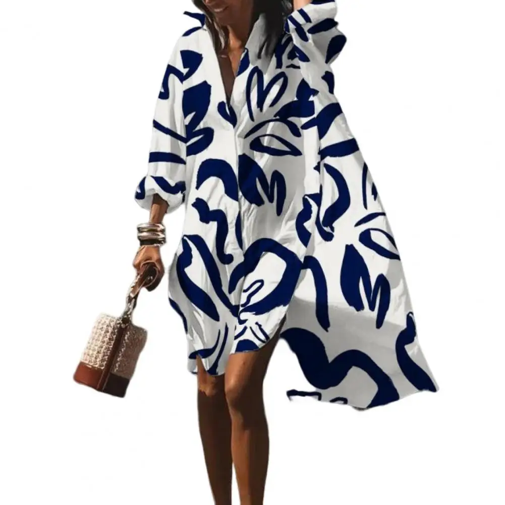 

Party Dress Robe Turn-down Collar Long Sleeve High-Low Hem Holiday Dress Geometry Wave Print Oversized Shirt Dress Female 2022