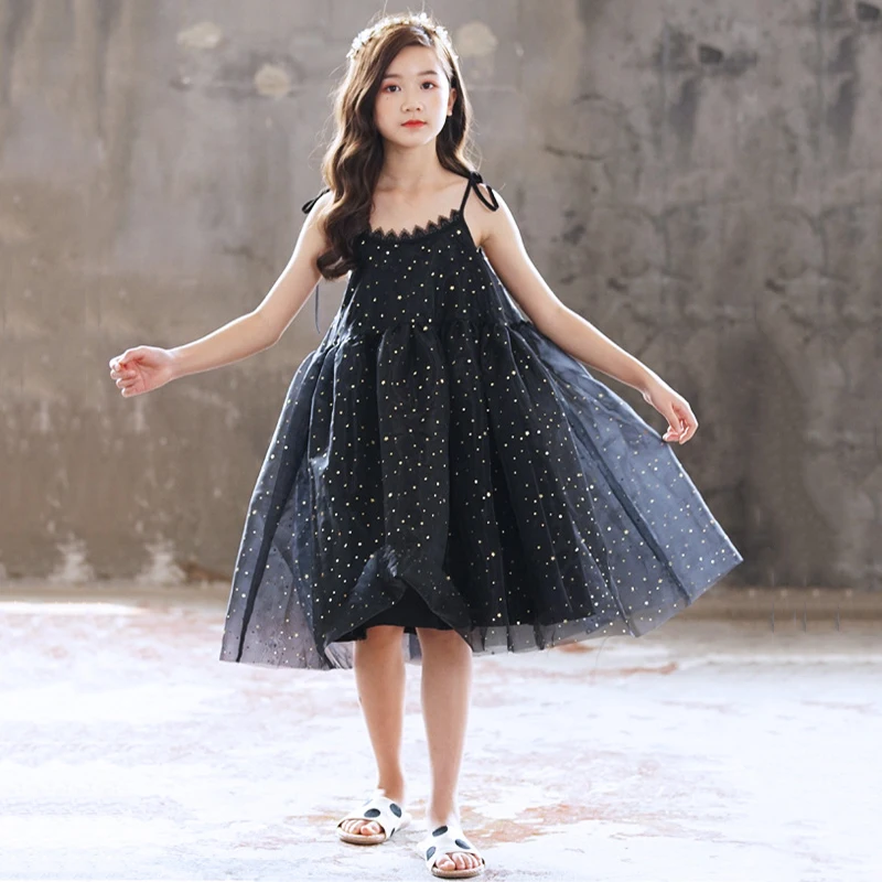 

Новинка лета 2022, стильное корейское Сетчатое платье со звездами для детей и девочек-подростков, платья принцессы на бретелях, милая праздни...