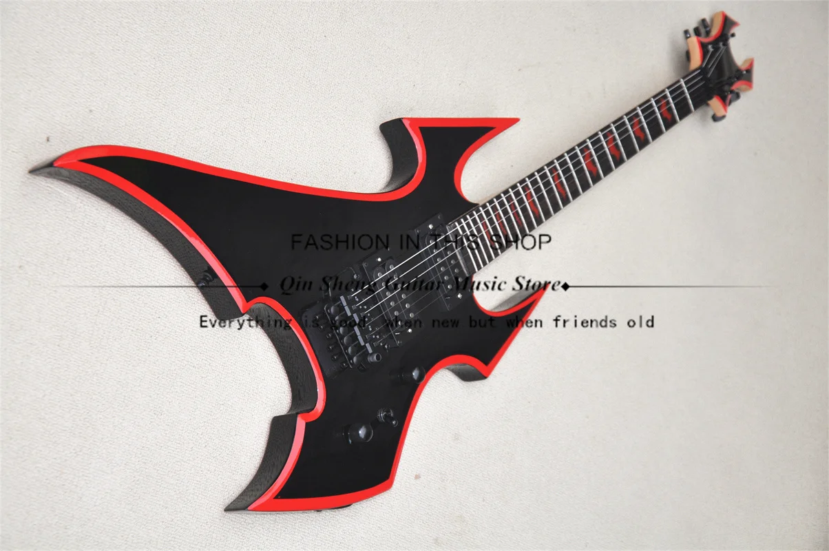 

BC Electric Guitar, Black Guitar With Red Edges, Tremolo Bridge, Red Bat Inlay, Black Buttons, HH Pickups