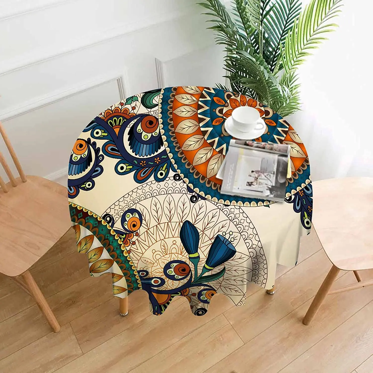 

Floral Round Tablecloth Ethnic Beautiful Leaf Circle Composition Round Mandala Flower Water Resistant Table Cover Dining Party