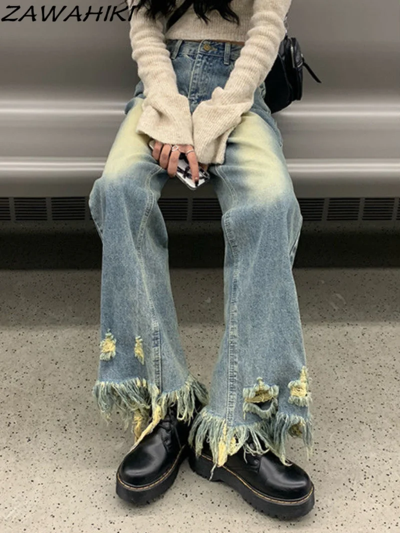 

Vintage Blue Gradient Womens Jeans High Waist Straight Baggy Pants Streetwear Design Cut Tassel Casual Wide Leg Denim Trouser