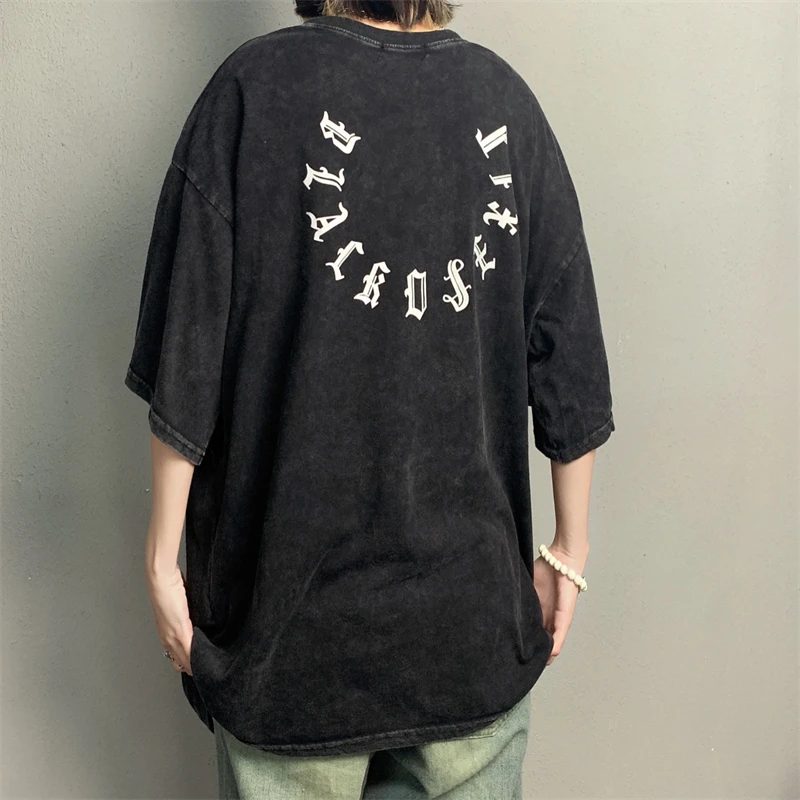 

New Summer Tees Men's Women's High Street Vintage Washed Gothic Letter Print Tops Casual Loose Round Neck Short Sleeve T-shirt