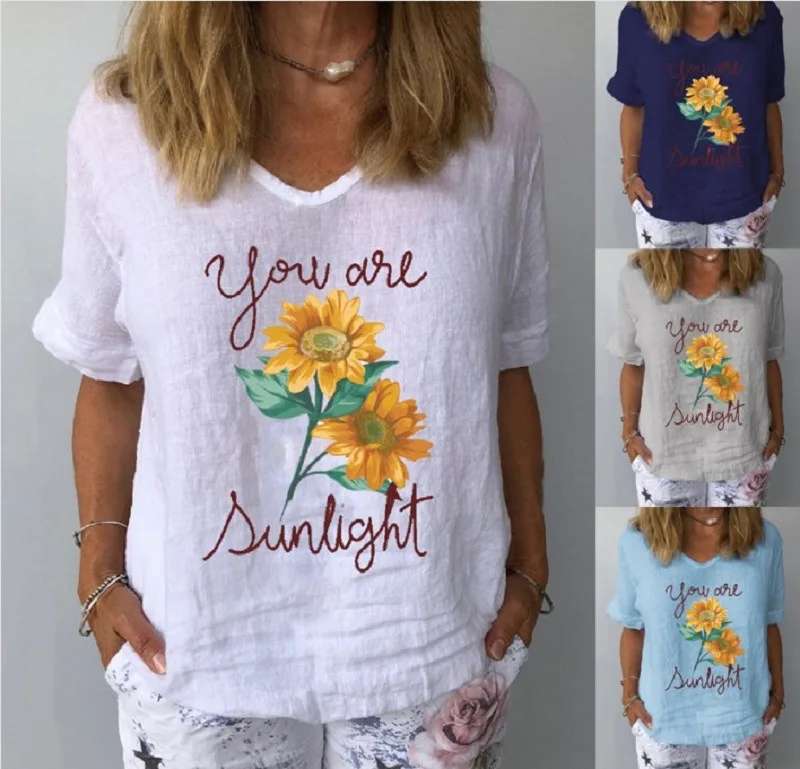 

2022 Women Summer V-Neck Loose Casual Linen Petal Print Commuter Short Sleeve T-Shirt Tops