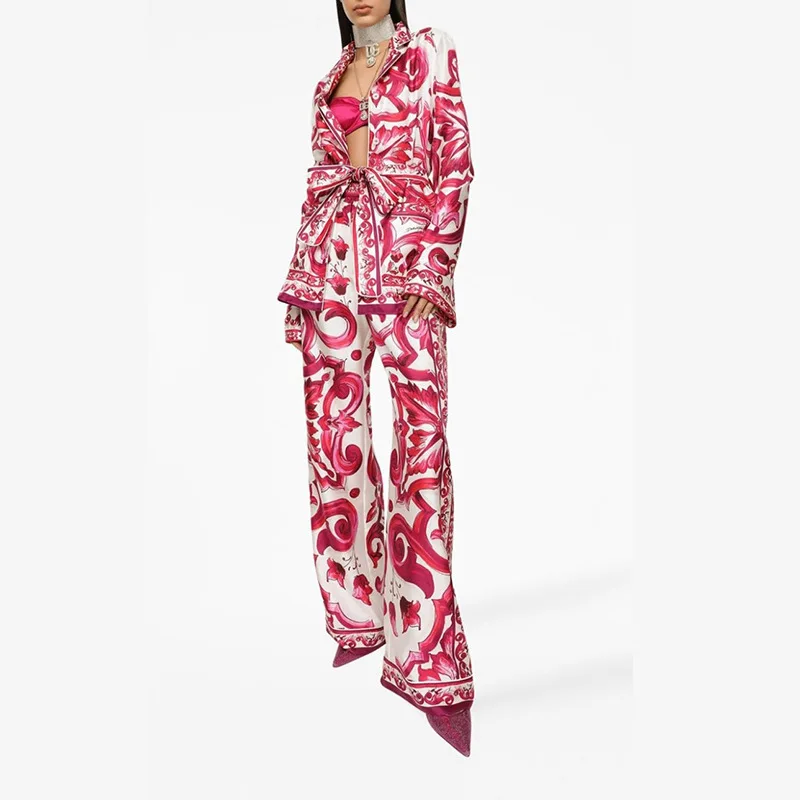 

JAMERARY Autumn Runway Red Blue White Porcelain Silk Two Piece Set Women Floral Shirt Tops＋Elastic Waist Wide Leg Pant Suits
