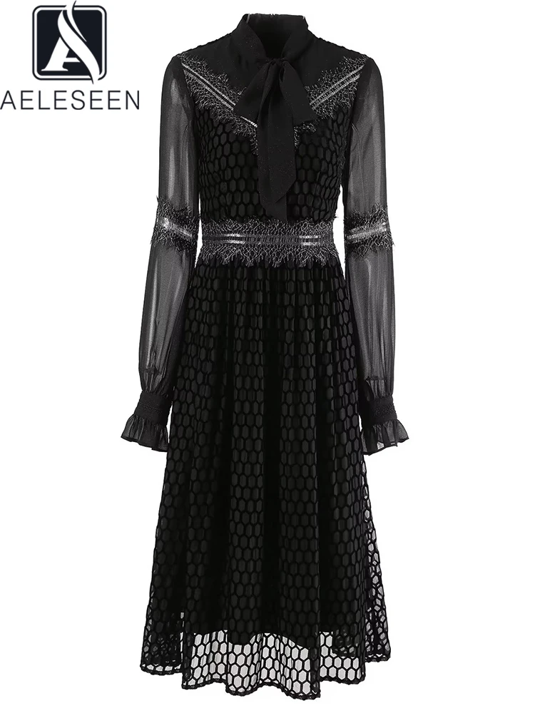 

Женское винтажное платье AELESEEN, черное платье с бантом и сеткой, Элегантное Длинное Вечерние
