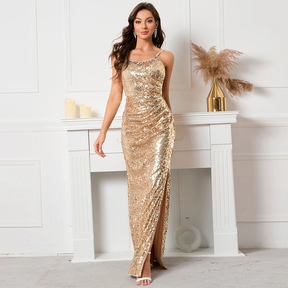 BASREY Sexy Women's Suspender Backless Gold Metal Sequin Sleeveless Slit Prom  Dress DN80070 - купить по выгодной цене | AliExpress