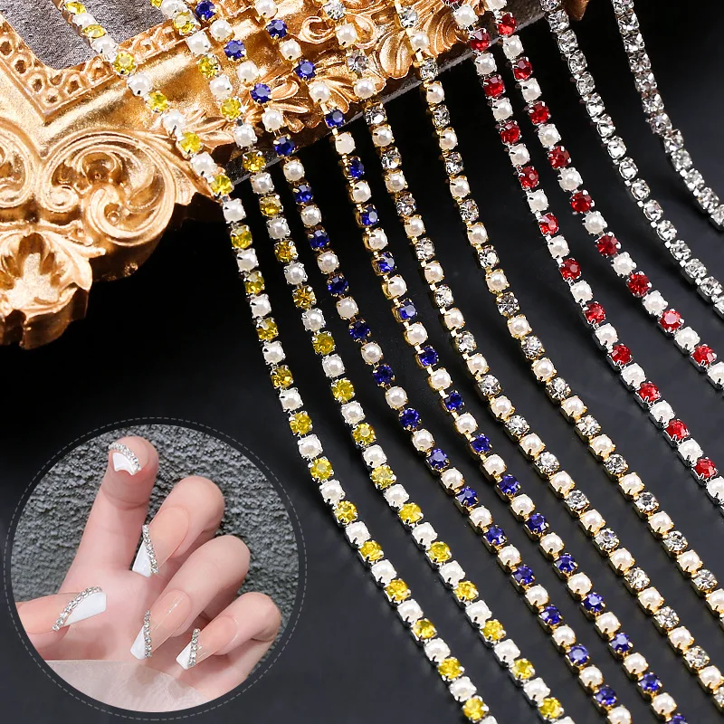 

1.5mm/2mm Nail Rhinestones Pearl Chain Gold Silver Base 3D Rhinestone Nail Charms Decorations DIY Nail Art Accessories Jewelry