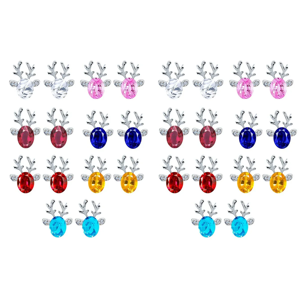 

28 pcs of Christmas Reindeer Earrings Crystal Gemstone Antler Luxury Stud Rings (White, Silver Lake Blue, Silver Sapphire,