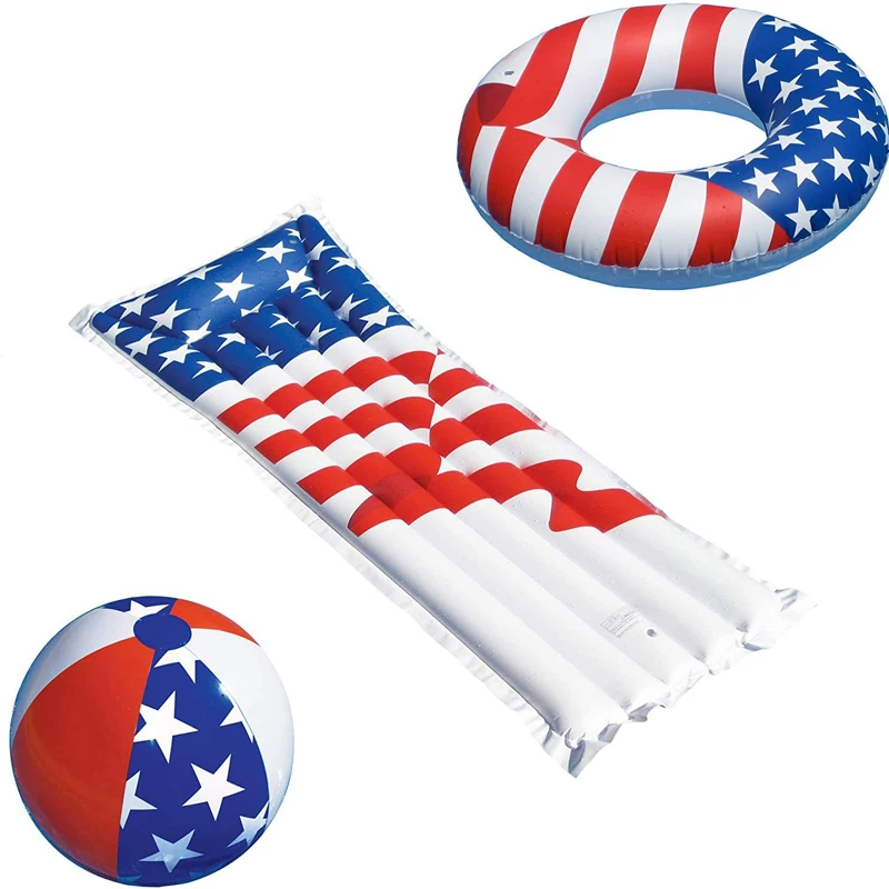 

3PCS/Set Swimline Patriotic American Flag Series Inflatable Swimming Float 75"Pool Mattress 22" Beach Ba