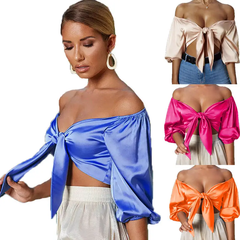 

Going Out Tops for Women Sexy Silk Satin Off Shoulder Crop Tops Slash Neck3/4 Sleeve Bow Tie Cropped Party Tee Shirts Top Women