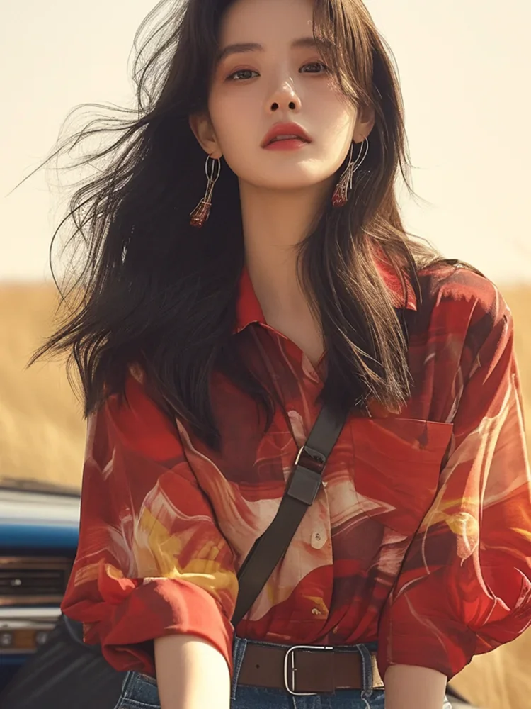 Шифоновая женская рубашка летняя винтажная Свободная блузка с принтом