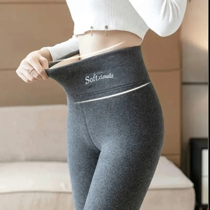 

Женские зимние утепленные леггинсы из овечьей шерсти, брюки с флисовой подкладкой длиной до щиколотки, повседневные теплые леггинсы, брюки ...