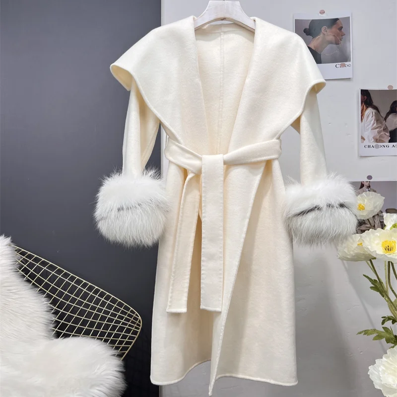 

2022 Winter Coat Hot Sale Cashmere Coat Women Large Lapel Real Fox Fur Cuffs Elegant Fashion Slim Women Overcoat