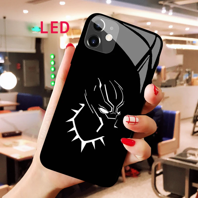 

Black Panther Luminous Tempered Glass phone case For Apple iphone 12 11 Pro Max XS mini Acoustic Control Protect LED Cool cover