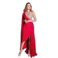 sexy sheer tulle bodice one shoulder sleeve evening dress arabic women red satin formal party gown robes de soir%c3%a9e vestidos 2022