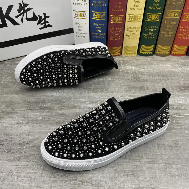 Rhinestone Sneakers Flats Men Leather Shoes Luxury Handmade Spiked Loafers Men Dress Shoes Party And Prom Shoes Slip On