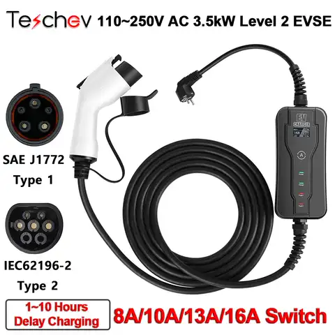 Зарядное устройство Teschev для электромобилей, тип 1 и тип 2, уровень 2, 16 А, портативное зарядное устройство для электромобиля, умное автомобиль...