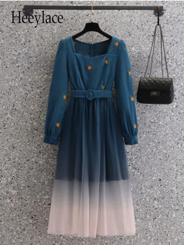 

Autumn Vintage Square Collar Long Sleeve Dresses Womens Lantern Sleeve Mesh Patchwork High Waist Corduroy Dresses Women Clothing