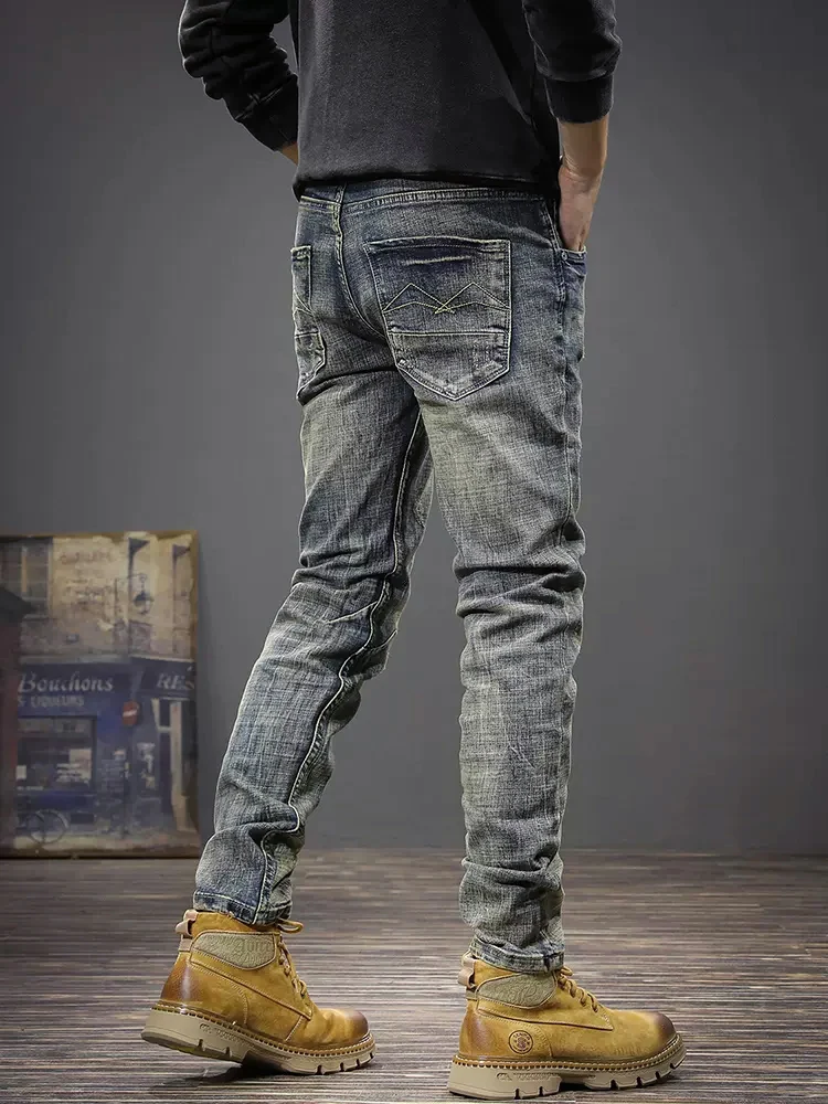 Newly Designer Fashion Men Jeans Retro Black Blue Stretch Slim Fit Ripped Jeans Men Elastic Trousers Vintage Denim Pants Hombre