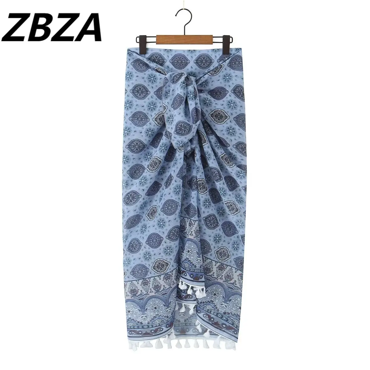 

ZBZA Women 2023 New Fashion With Knot Printed Front Vent Midi Skirt Vintage High Waist Back Zipper Female Skirts Mujer