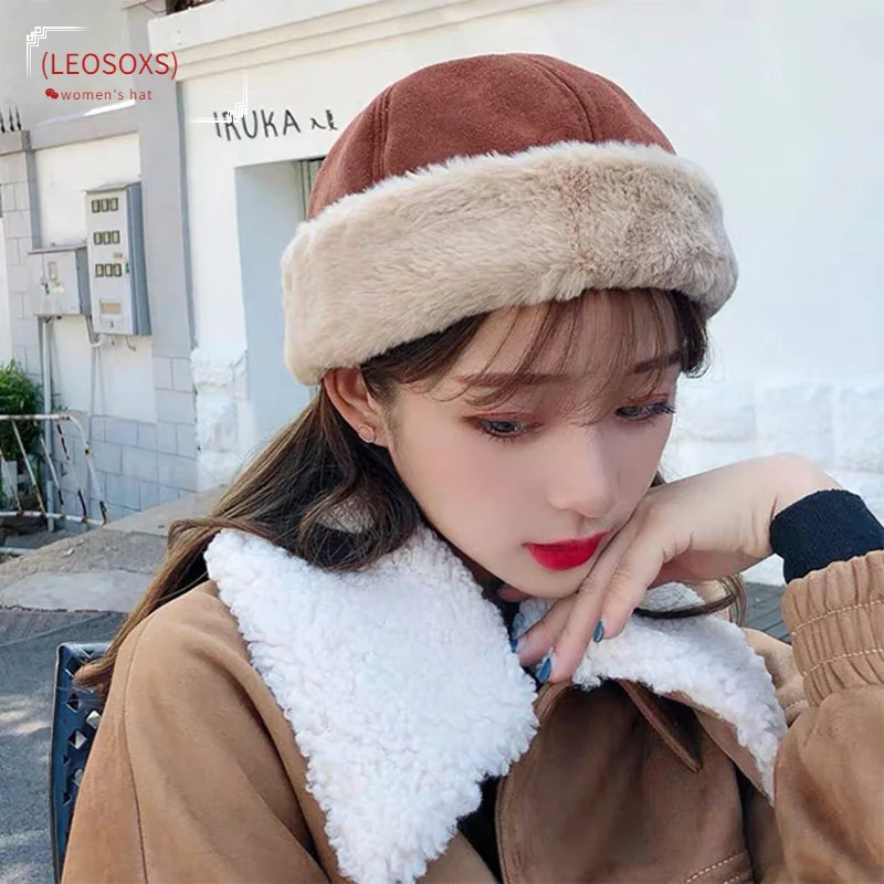 

Winter Suede Hats for Women Thick Bonnet for Female Solid Colors High Quality Cap New Skulls Beanies Short Curling Women Cap