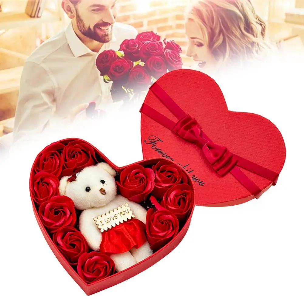 

Soap Roses Flower Gift Box with Cute Teddy Bear and Tag I LOVE YOU Scented Bath Body Petal Birthday Day Valentines Gift