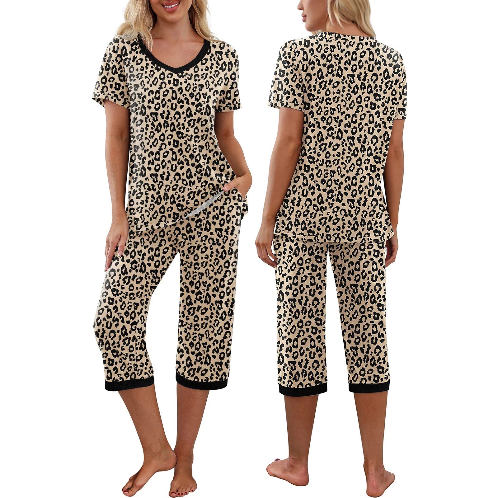 8 Colors Women's Casual Pajama Set Short Sleeve V Neck T-shirt and Capri Pants Sleepwear Floral/Leopard Lounge Suits