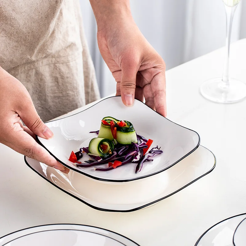 

Новинка, креативные наборы тарелок из костяного фарфора, набор однотонных тарелок в скандинавском стиле, набор посуды для микроволновой печи