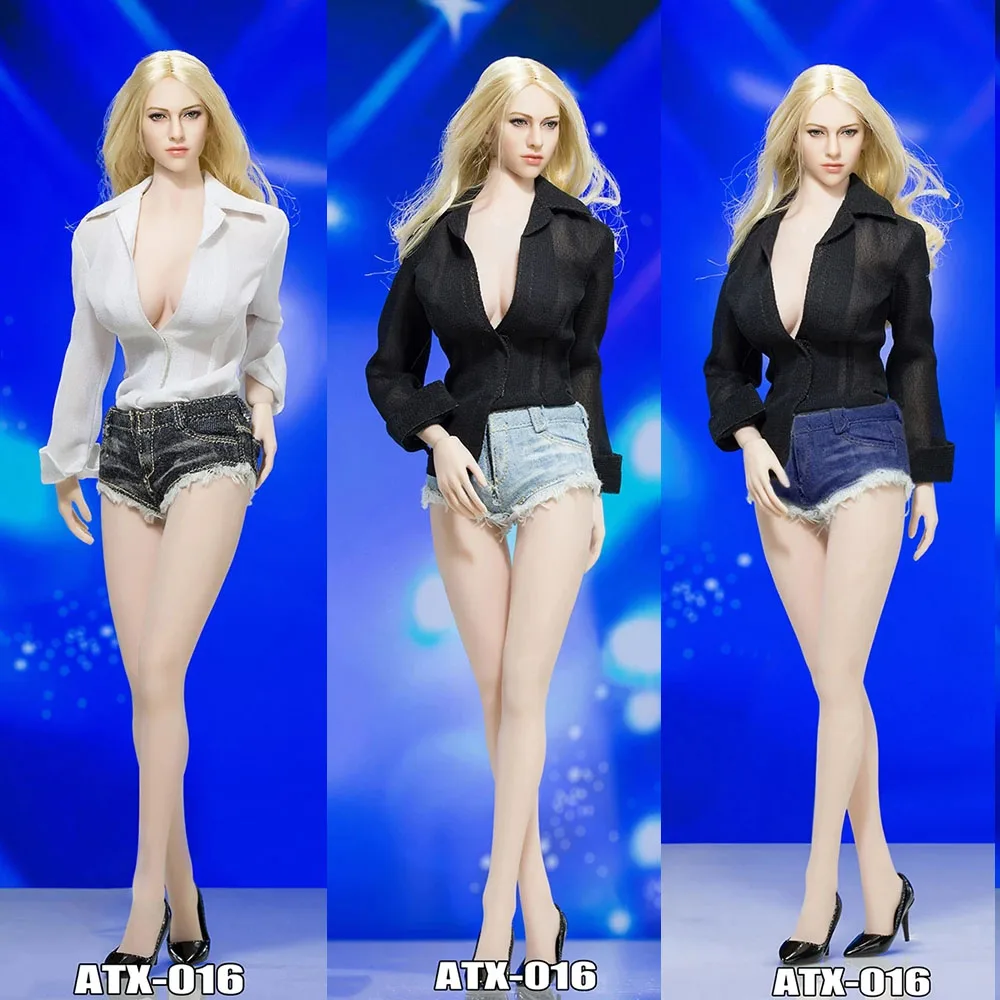 

ACPLAY ATX016 1/6 Female Deep V Low-cut Tulle Shirt Ultra Denim Shorts Clothes Suit With Heels Set For 12" Action Figure Body