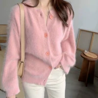 new 2020 autumn winter womens sweaters knitted buttons cardigans loose oversize korean elegant mohair tops pink white ladies