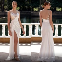 elegant white prom dresses for wedding appliques sequins sleeveless evening gowns beads sexy high split birthday party wear