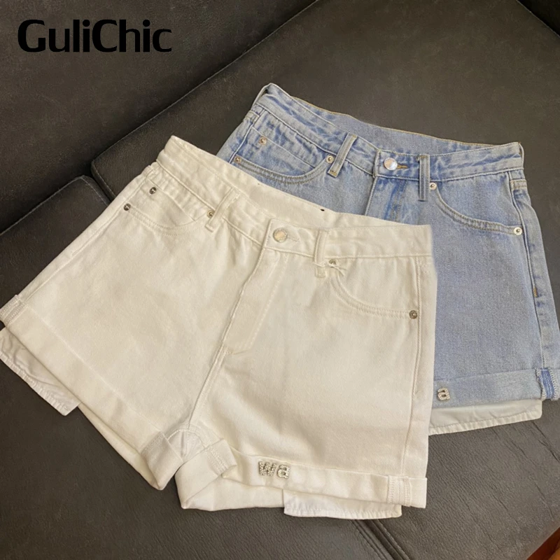 

3.30 GuliChic Casual Fashion High Waist Rhinestone Letter Denim Shorts Women