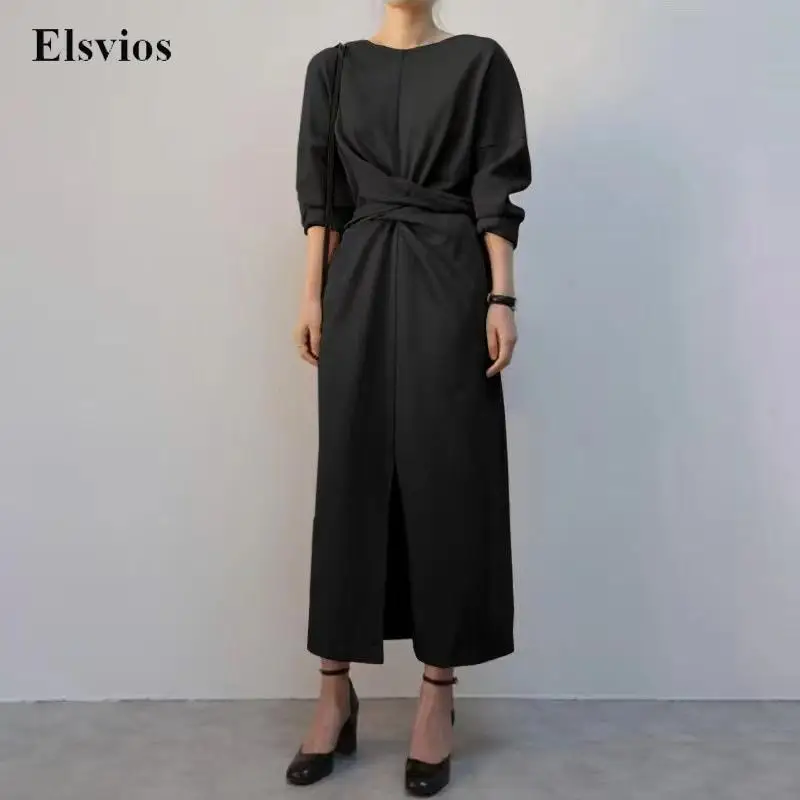 

Винтажное однотонное Повседневное платье с круглым вырезом, элегантное женское Модное Длинное платье с бантом на спине и разрезом