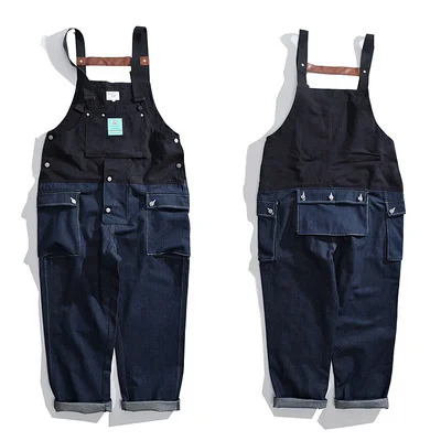 

Contrast Stitch Bib Overalls Trousers Mens Safari Cargo Work Pants Functional Multiple Pockets Denim Pant Coveralls Men Jeans
