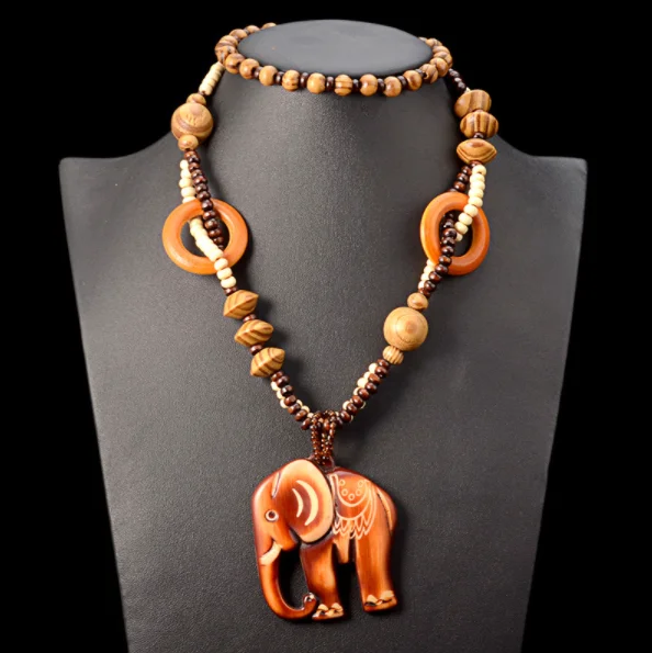 2022 Boho Jewelry Ethnic Style Long Hand Made Bead Wood Elephant Pendant Necklace for Women Price Decent women's neck |