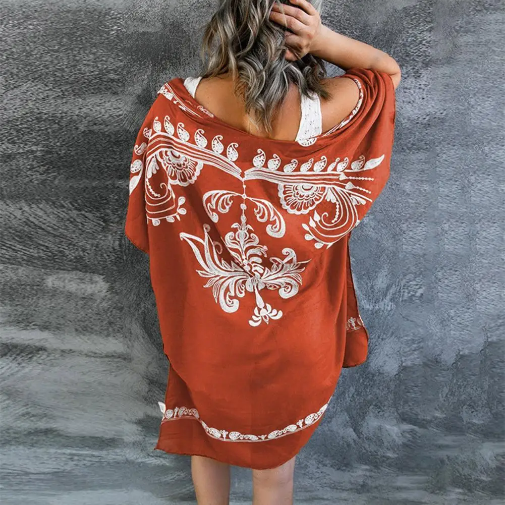 Beach Shirt Stylish Elegant Half Sleeve Retro Print Anti-Sun Cardigan for Travel Women Shirt Swimwear Cover Up