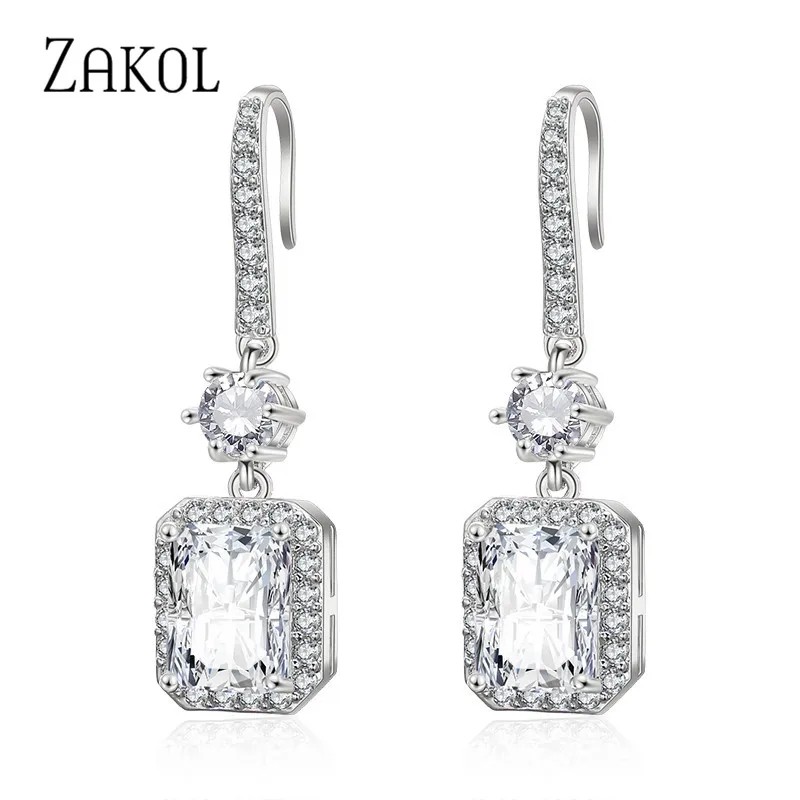 

ZAKOL Trendy Zircons Top Quality Cubic Zircon Drop Hooks Earrings Big Square Stone Jewelry For Wedding Gift Accessories FSEP2047