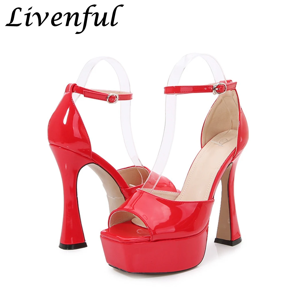 

Newly Women 13cm Extreme High Heels Man Platforms Red Sandals Ankle Strap Stripper Party Model Show Unisex Shoes Plus Size 46