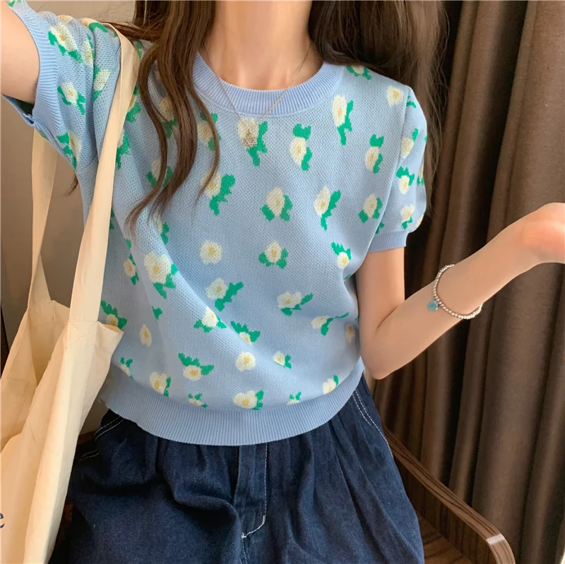 

Women Summer Korean Style All-match Sweet T-shirts 2021 Flower Green Print T-shirt O-Neck Short Sleeve Tops Female Streetwear