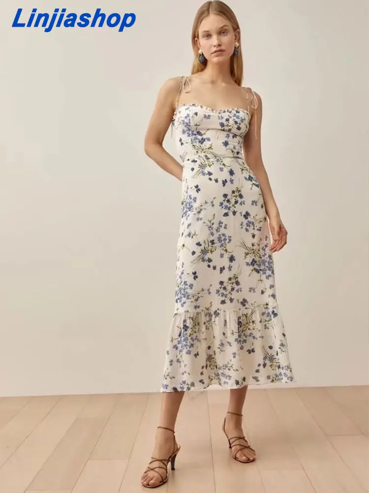 

Summer women long dress floral print spaghetti straps lining boho back zipper elastic party midi dress
