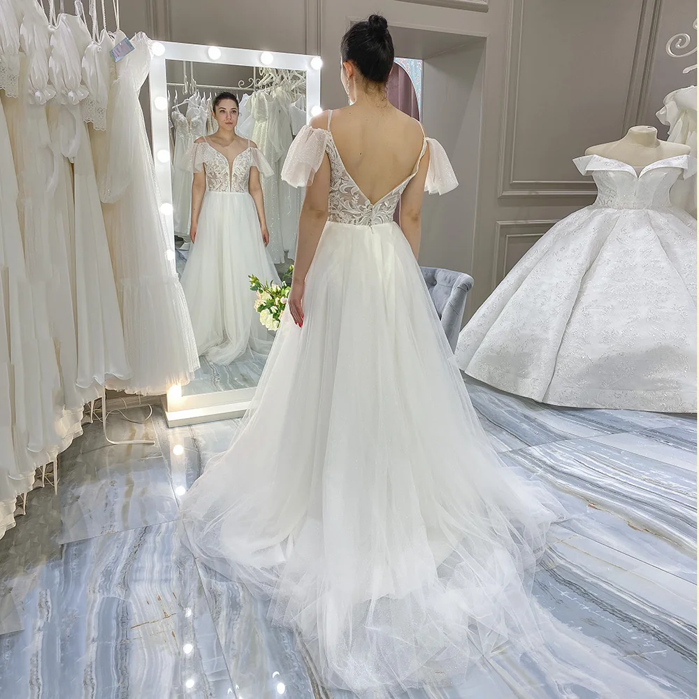 

Glitter Tulle Boho Wedding Dress Spaghetti Straps A-line Backless Bridal Gown Lace Top Bride Dress Vestido de Novia